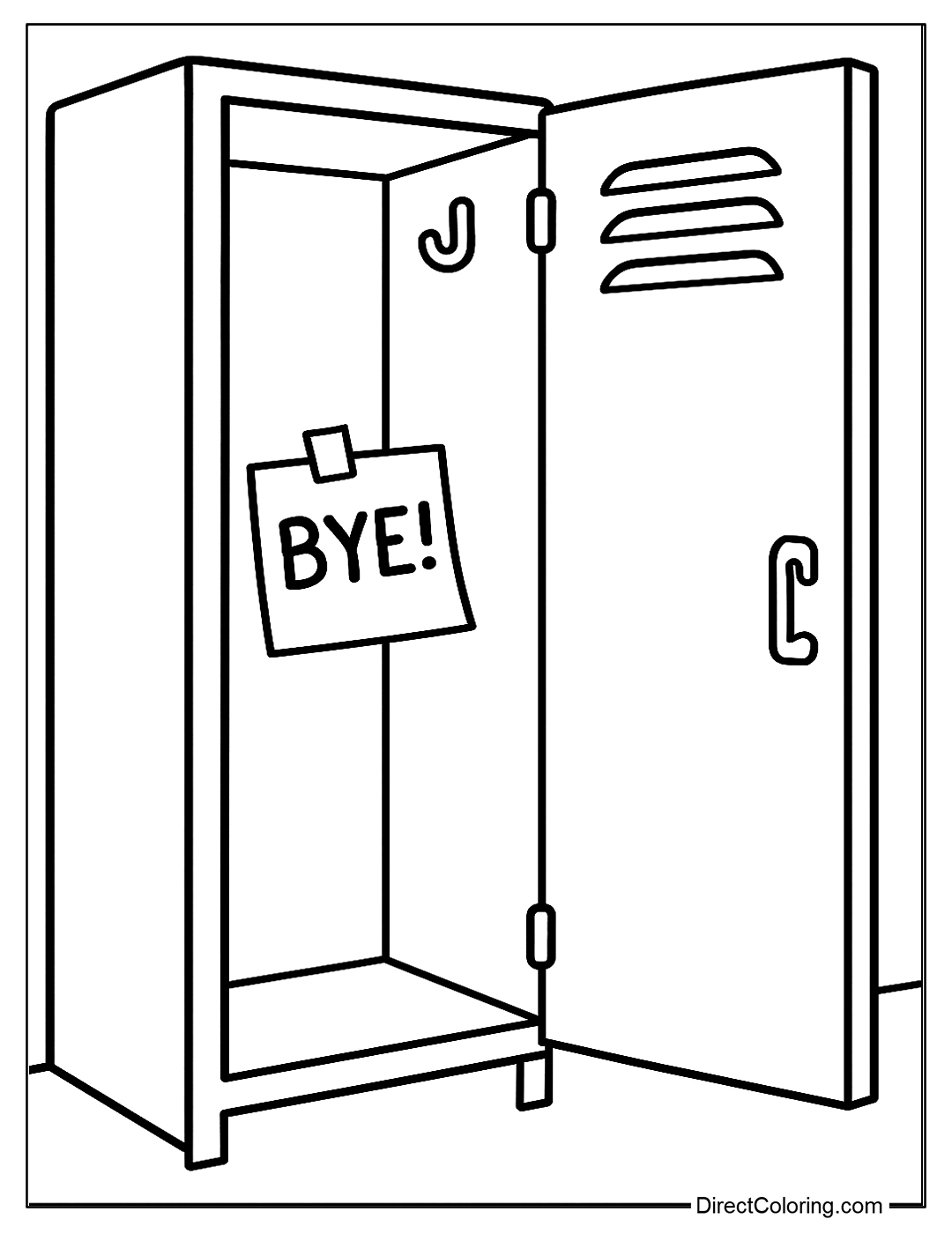 coloring page of a student’s locker opening, empty, with only a note saying “Bye!”.